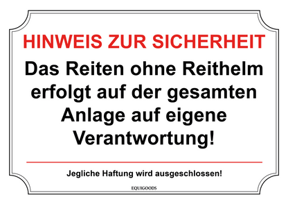 Stallschild: Hinweis zur Sicherheit - Reiten ohne Reithelm
