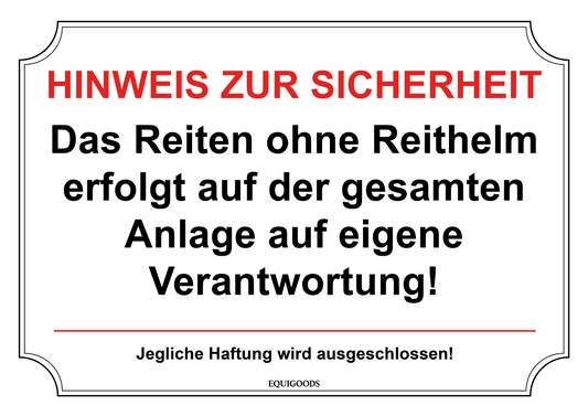 Stallschild: Hinweis zur Sicherheit - Reiten ohne Reithelm