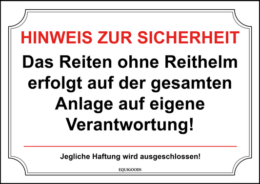 Stallschild: Hinweis zur Sicherheit - Reiten ohne Reithelm