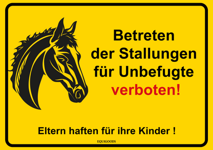 Stallschild: Betreten der Stallungen für Unbefugte verboten! Pferdekopf